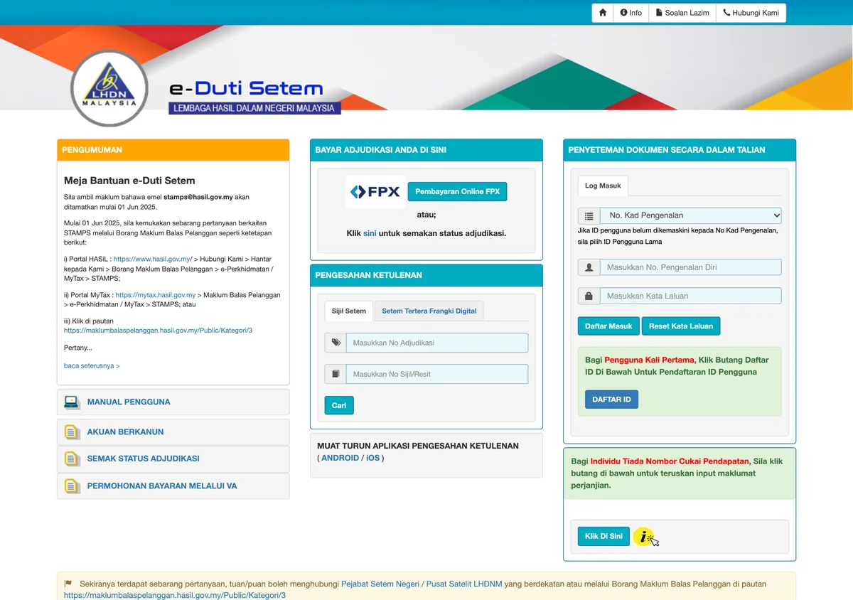 Laman utama portal e-Duti Setem LHDN di stamps.hasil.gov.my dengan ruang log masuk dan butang daftar ID